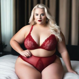 A plus-size blonde woman wearing sexy red lingerie