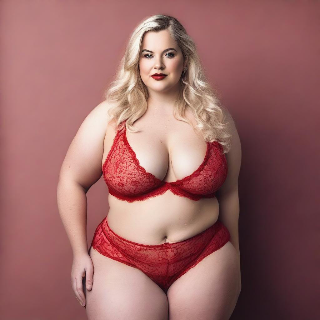 A plus-size blonde woman wearing sexy red lingerie