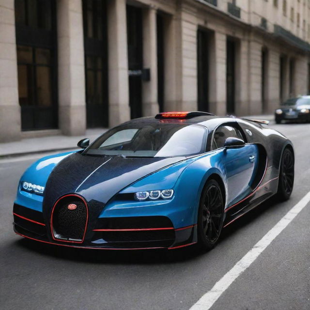 Bugatti cars transformed into high-speed police vehicles, with flashing blue and red lights, official police themes, and modified for pursuing at phenomenal speeds.