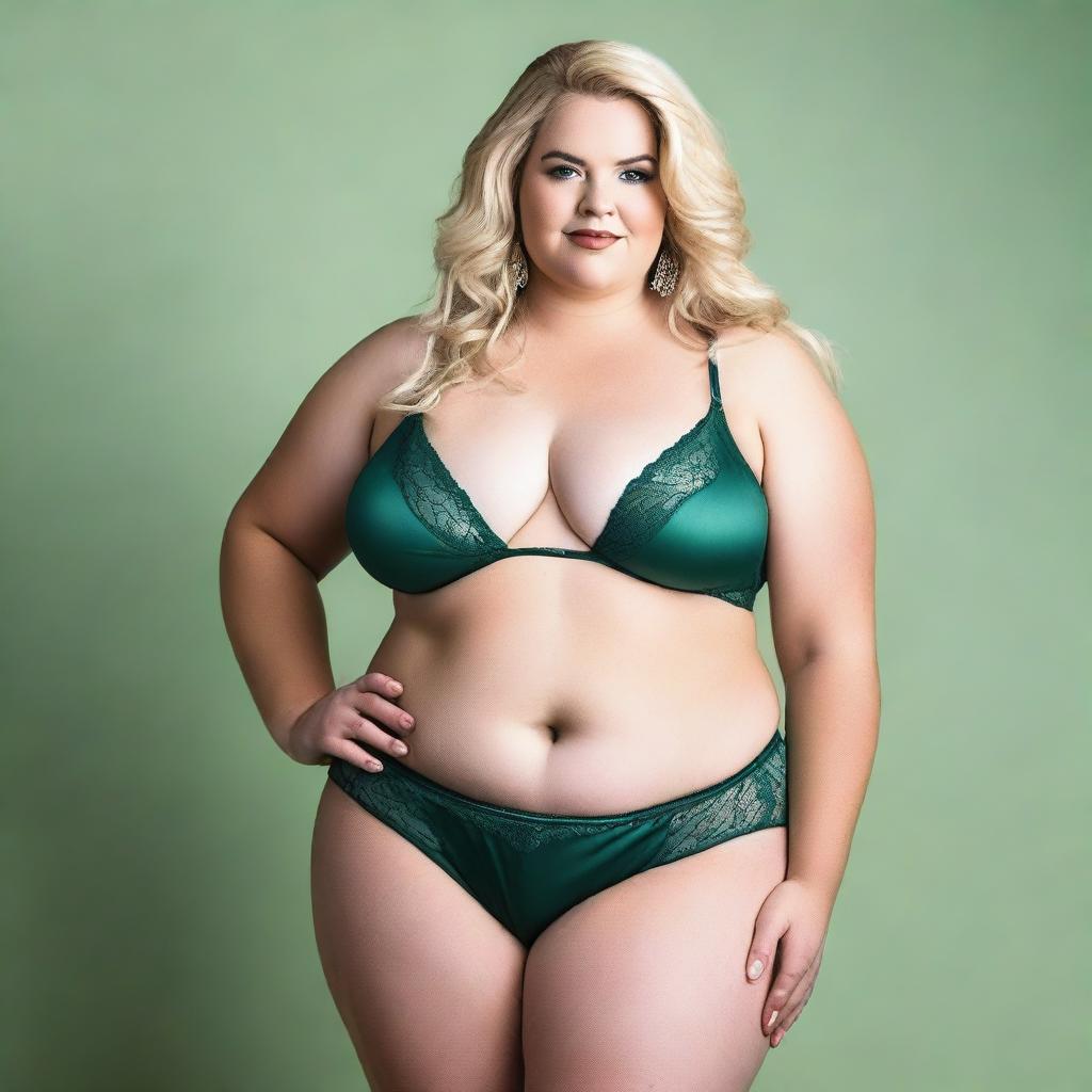 A plus-size blonde woman wearing sexy green lingerie