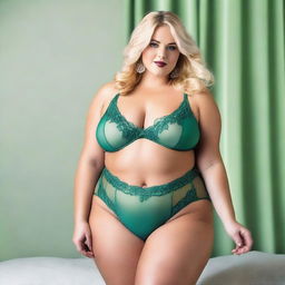 A plus-size blonde woman wearing sexy green lingerie