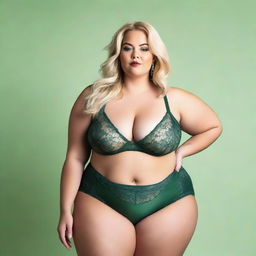 A plus-size blonde woman wearing sexy green lingerie