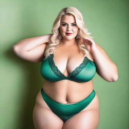 A plus-size blonde woman wearing sexy green lingerie