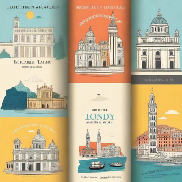 Create a captivating book cover that features iconic landmarks and cultural elements from Italy, Spain, France, and Norway