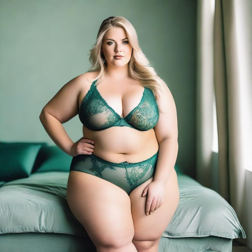 A plus-size, beautiful blonde woman wearing sexy green lingerie