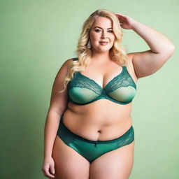 A plus-size, beautiful blonde woman wearing sexy green lingerie