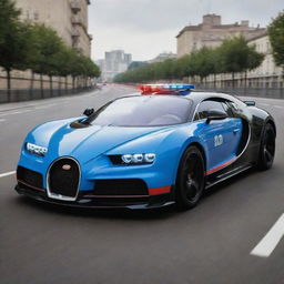 Bugatti cars transformed into high-speed police vehicles, with flashing blue and red lights, official police themes, and modified for pursuing at phenomenal speeds.