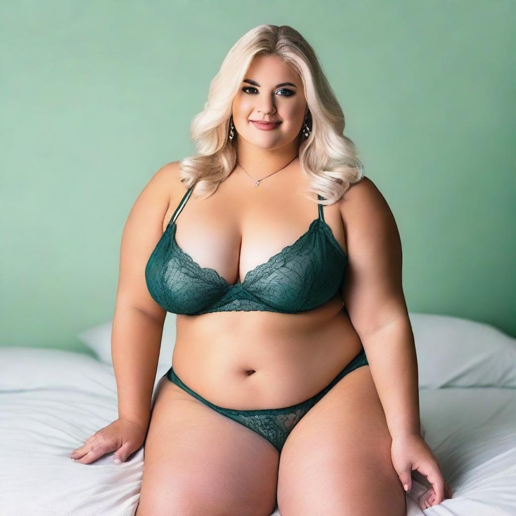 A plus-size, beautiful blonde woman wearing sexy green lingerie