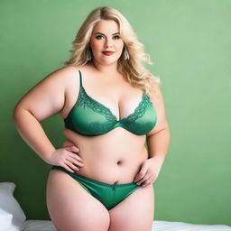 A plus-size, beautiful blonde woman wearing sexy green lingerie