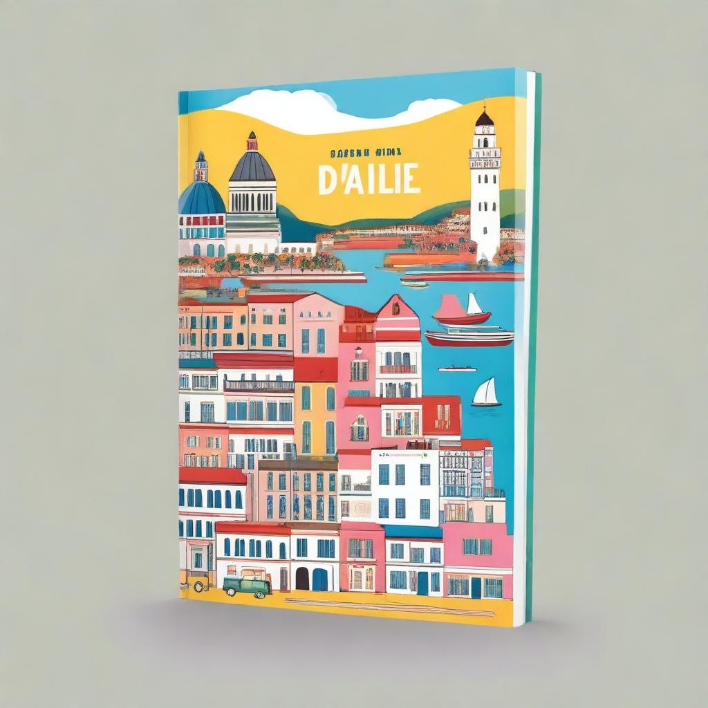 Design an A4 size book cover that features iconic landmarks and cultural elements from Italy, Spain, France, and Norway