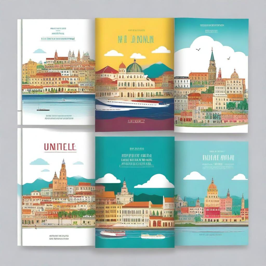 Design an A4 size book cover that features iconic landmarks and cultural elements from Italy, Spain, France, and Norway