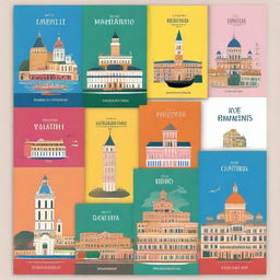 Design an A4 size book cover that features iconic landmarks and cultural elements from Italy, Spain, France, and Norway