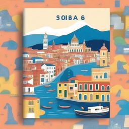 Design an A4 size book cover that features iconic landmarks and cultural elements from Italy, Spain, France, and Norway