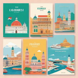 Design an A4 size book cover that features iconic landmarks and cultural elements from Italy, Spain, France, and Norway