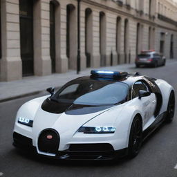 Bugatti cars transformed into high-speed police vehicles, with flashing blue and red lights, official police themes, and modified for pursuing at phenomenal speeds.