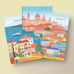 Create 1 A4 size book cover that features iconic landmarks and cultural elements from Italy, Spain, France, and Norway