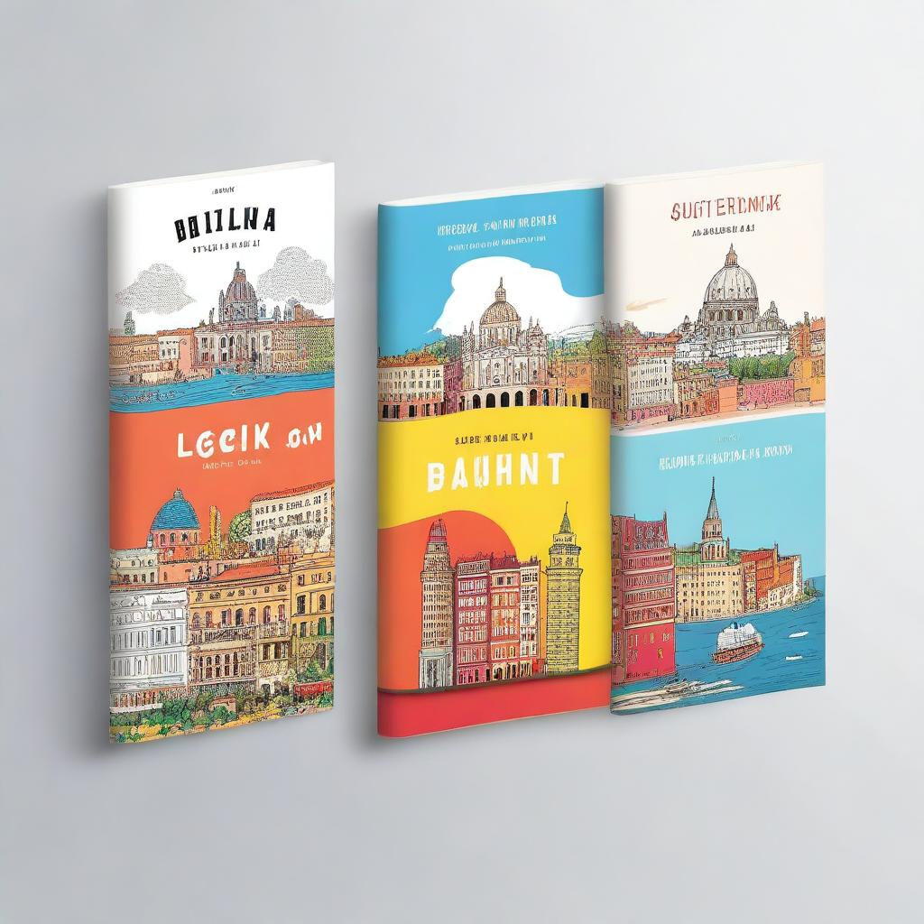 Create 1 A4 size book cover that features iconic landmarks and cultural elements from Italy, Spain, France, and Norway