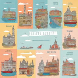 Create 1 A4 size book cover that features iconic landmarks and cultural elements from Italy, Spain, France, and Norway