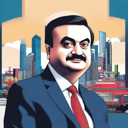 Create a detailed poster featuring Gautam Adani, the Indian business tycoon, with a professional and authoritative look