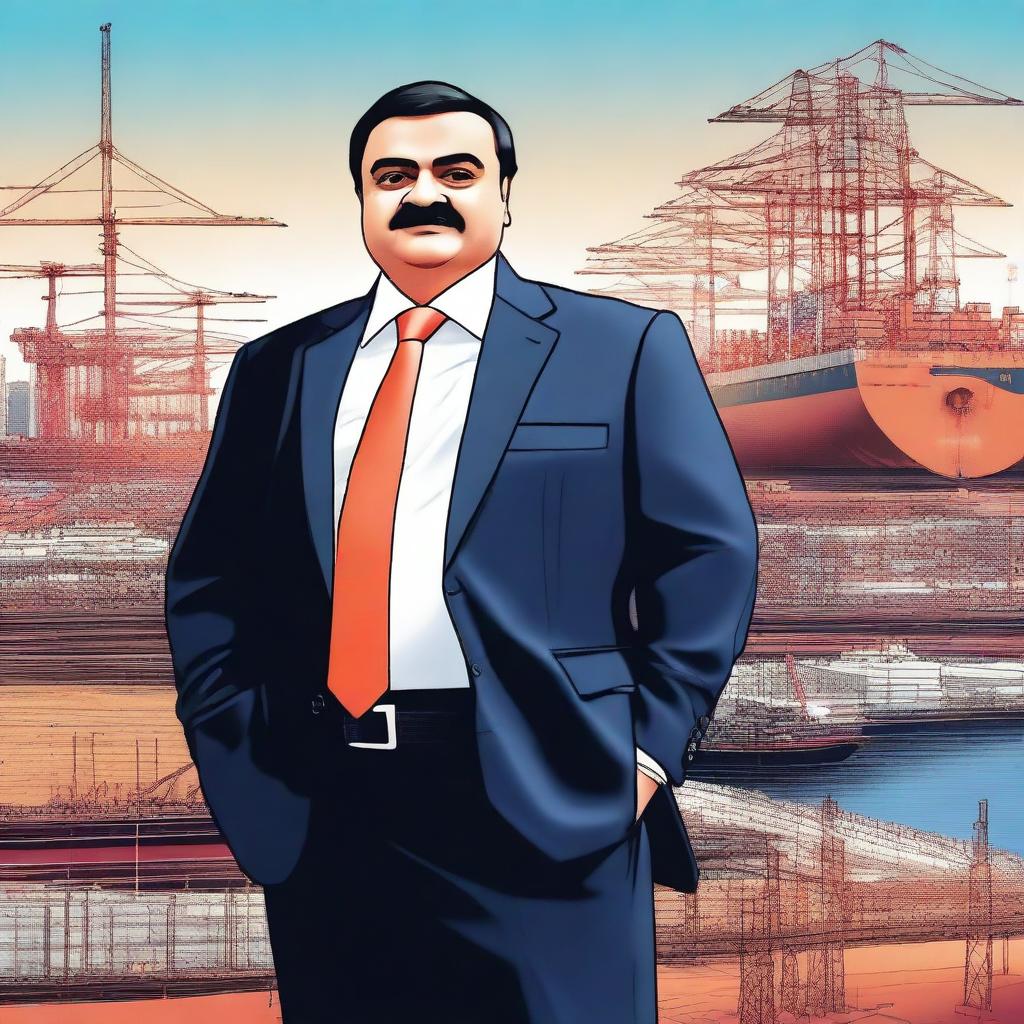 A detailed digital illustration of Gautam Adani, often referred to as the infra man of India