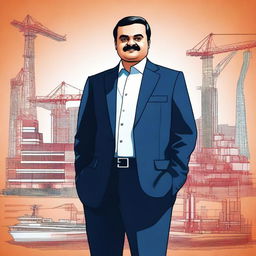 A detailed digital illustration of Gautam Adani, often referred to as the infra man of India