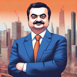 A detailed digital illustration of Gautam Adani, often referred to as the infra man of India