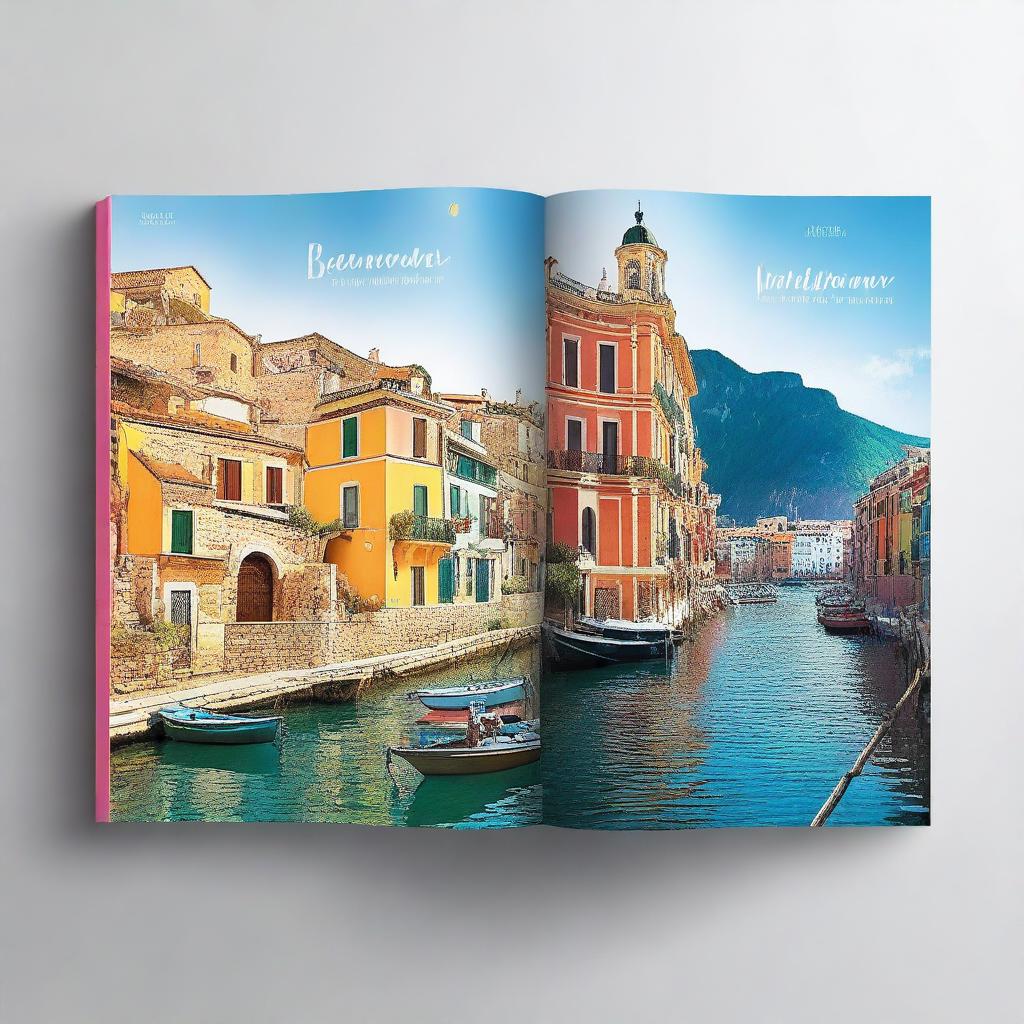 Create 1 A4 size book cover that features 2 images from Italy, 2 images from Spain, 2 images from France, and 2 images from Norway