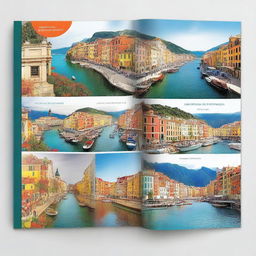 Create 1 A4 size book cover that features 2 images from Italy, 2 images from Spain, 2 images from France, and 2 images from Norway