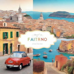 Create 1 A4 size book cover that features 2 images from Italy, 2 images from Spain, 2 images from France, and 2 images from Norway