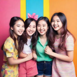 A group of cute Asian girls smiling and having fun together in a vibrant and colorful setting