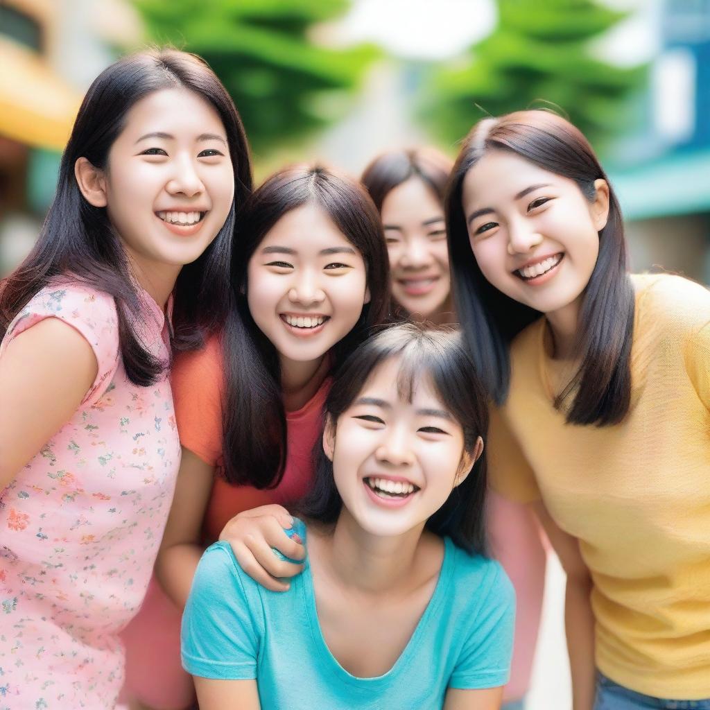 A group of cute Asian girls smiling and having fun together in a vibrant and colorful setting