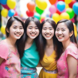 A group of cute Asian girls smiling and having fun together in a vibrant and colorful setting