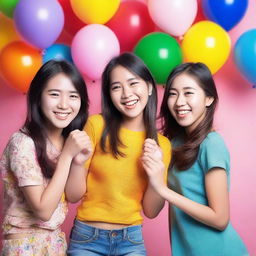 A group of cute Asian girls smiling and having fun together in a vibrant and colorful setting