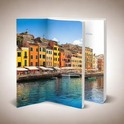 Create an A4 size book cover that includes 2 images from Italy, 2 images from Spain, 2 images from France, and 2 images from Norway