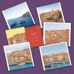 Create an A4 size book cover that includes 2 images from Italy, 2 images from Spain, 2 images from France, and 2 images from Norway