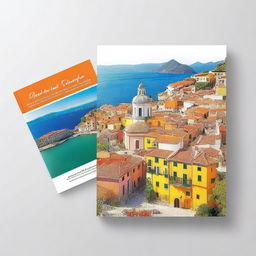 Create an A4 size book cover that includes 2 images from Italy, 2 images from Spain, 2 images from France, and 2 images from Norway