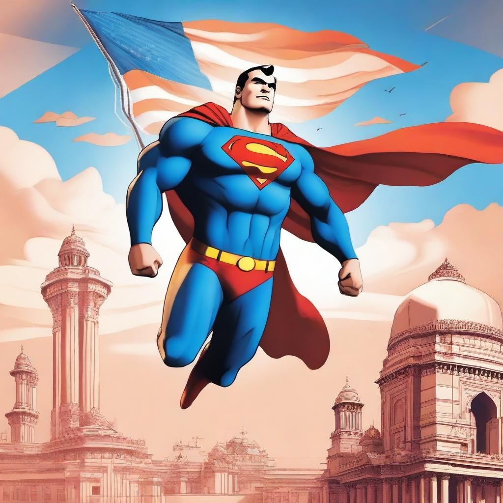 A heroic scene featuring Superman as Gautam Adani, flying through the sky and saving India from a crisis