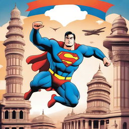 A heroic scene featuring Superman as Gautam Adani, flying through the sky and saving India from a crisis