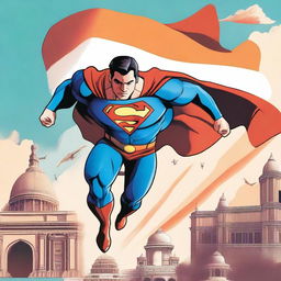 A heroic scene featuring Superman as Gautam Adani, flying through the sky and saving India from a crisis