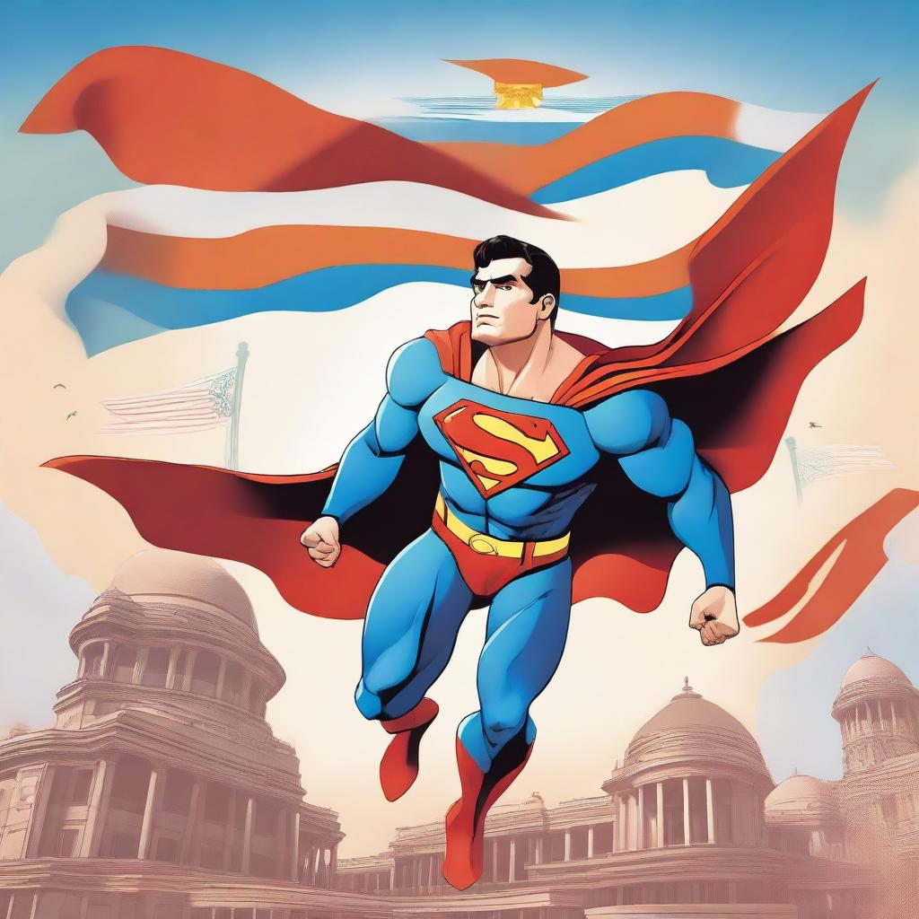 A heroic scene featuring Superman as Gautam Adani, flying through the sky and saving India from a crisis