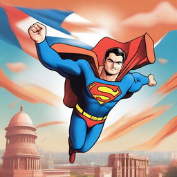 A heroic scene featuring Superman with the face of Gautam Adani, flying through the sky and saving India from a crisis