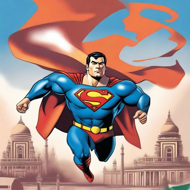 A heroic scene featuring Superman with the face of Gautam Adani, flying through the sky and saving India from a crisis