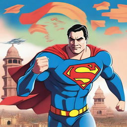 A heroic scene featuring Superman with the face of Gautam Adani, flying through the sky and saving India from a crisis