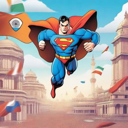 A heroic scene featuring Superman with the face of Gautam Adani, flying through the sky and saving India from a crisis