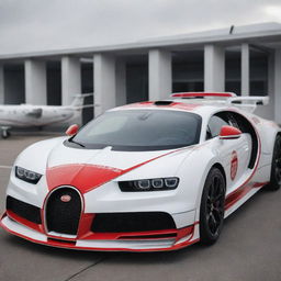 Bugatti cars redesigned as fast response emergency ambulances, featuring a white and red color scheme, emergency lights and prominent medical symbols.