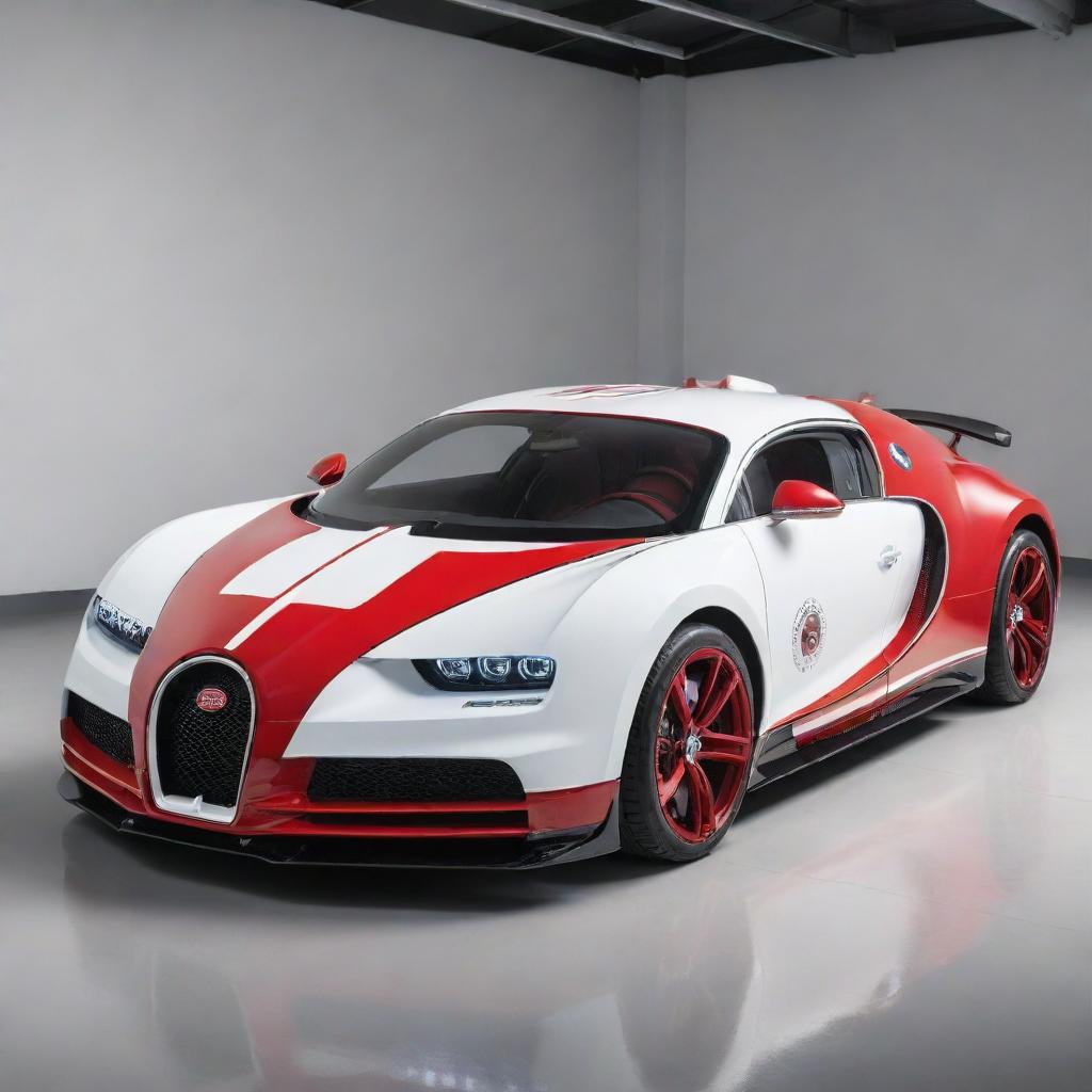 Bugatti cars redesigned as fast response emergency ambulances, featuring a white and red color scheme, emergency lights and prominent medical symbols.