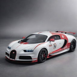 Bugatti cars redesigned as fast response emergency ambulances, featuring a white and red color scheme, emergency lights and prominent medical symbols.