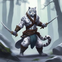 A male snow leopard tabaxi rogue with two tails, depicted in a fantasy setting