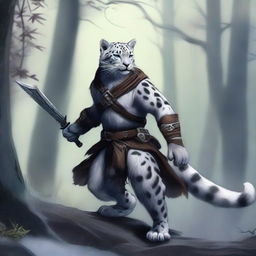 A male snow leopard tabaxi rogue with two tails, depicted in a fantasy setting