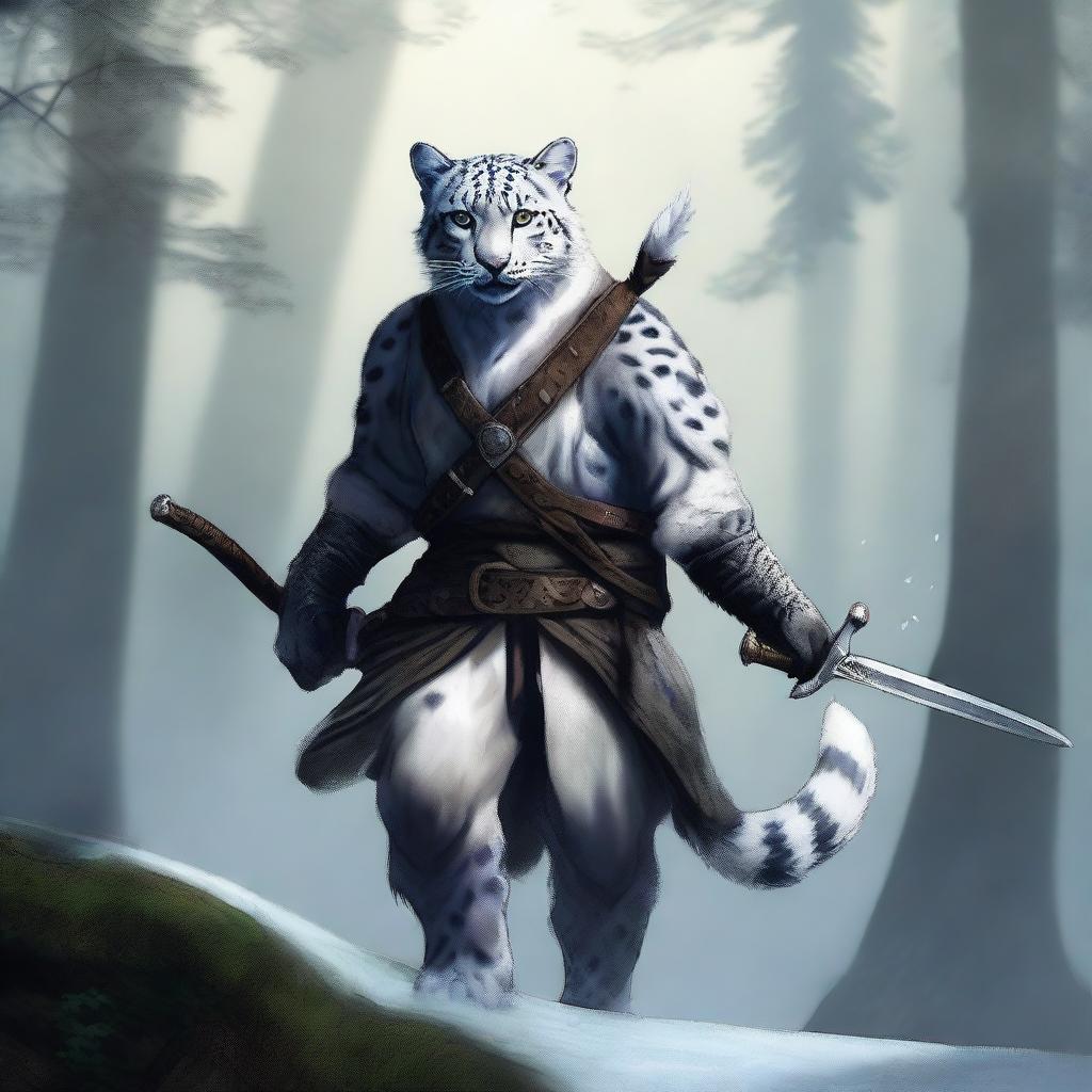 A male snow leopard tabaxi rogue with two tails, depicted in a fantasy setting